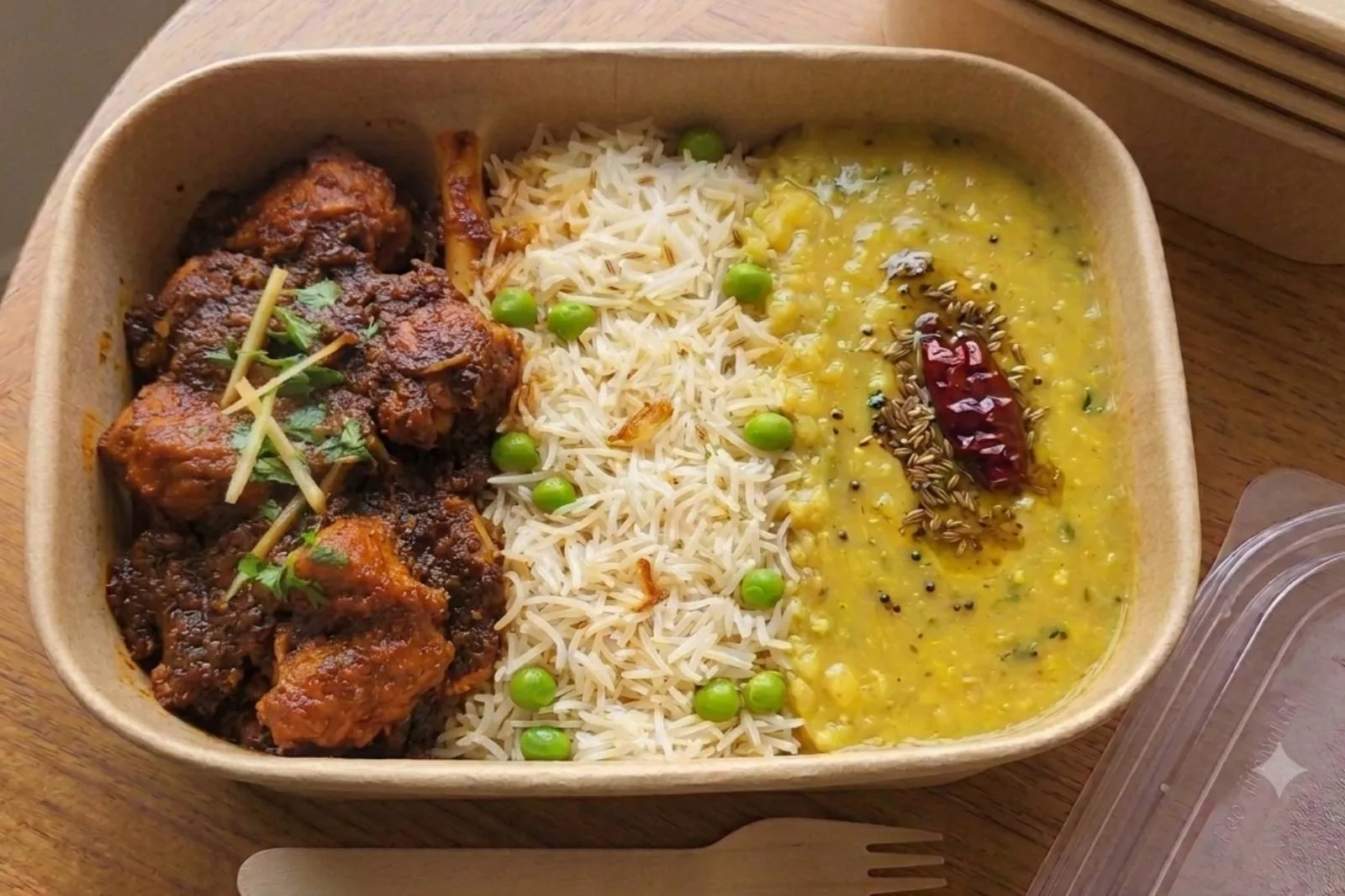 Chicken Ghee Roast, Andhra style dhal and rice