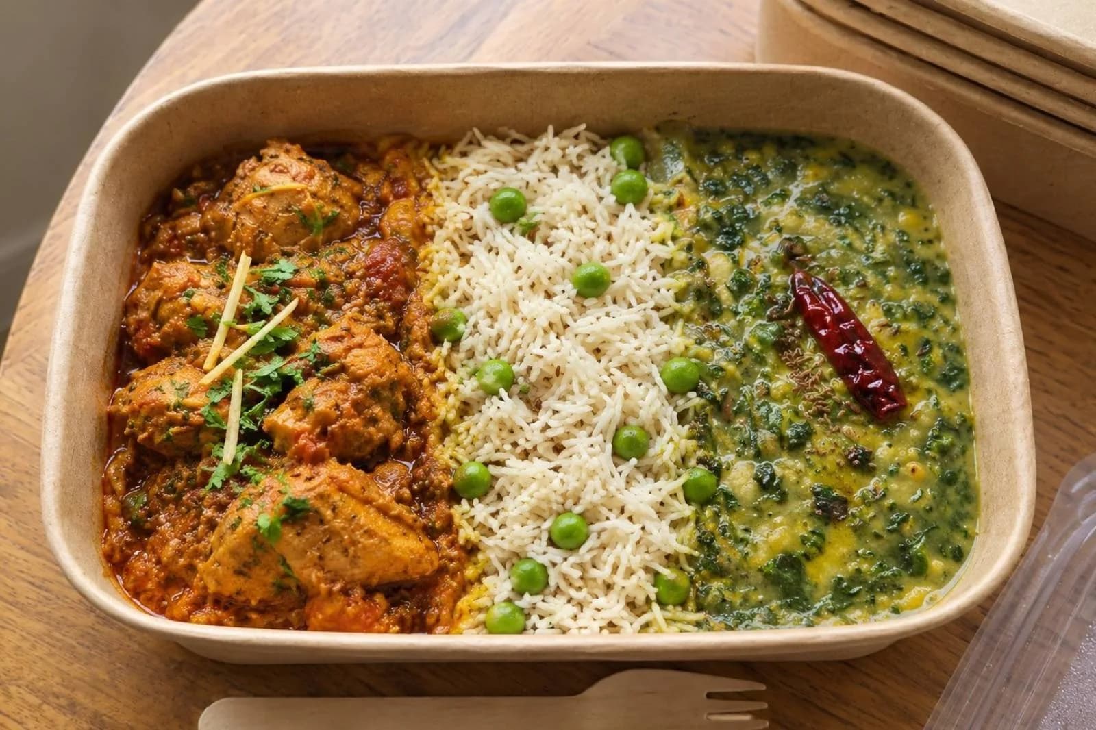 Bento box-Karahi Chicken, Jeera rice and dhal palak